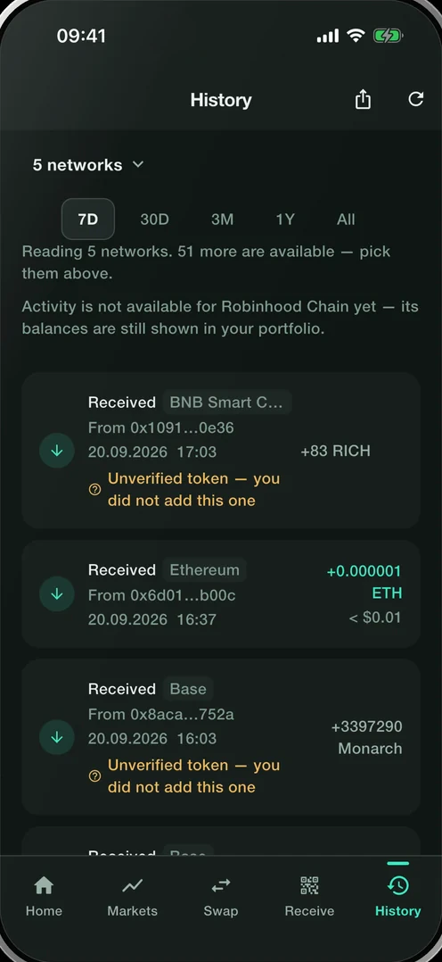 Smartable on an iPhone, showing the history screen marking unverified tokens and a network whose activity is unavailable