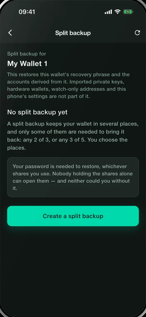 Smartable on iPhone: the split backup screen, explaining any two of three or any three of five