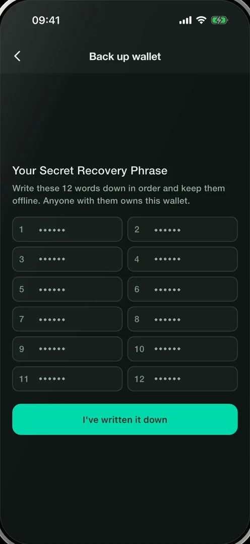 Smartable on iPhone: the recovery phrase screen, twelve numbered slots, with the words masked for this picture